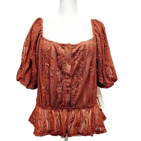 Rust Lace Peplum Blouse With Puff Sleeves & Satin Back-Tie Detail Size L - Picture 1 of 14